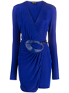 Tom Ford Plunging Leather-trim Microcosta Jersey Wrap Mini Dress In Blue