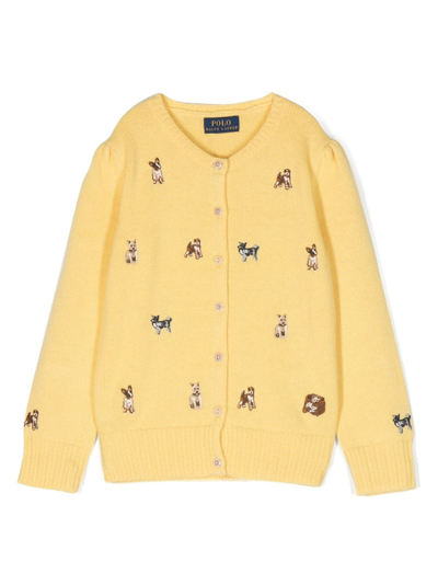 Ralph Lauren Kids' Dog-embroidered Buttoned Cardigan In Yellow