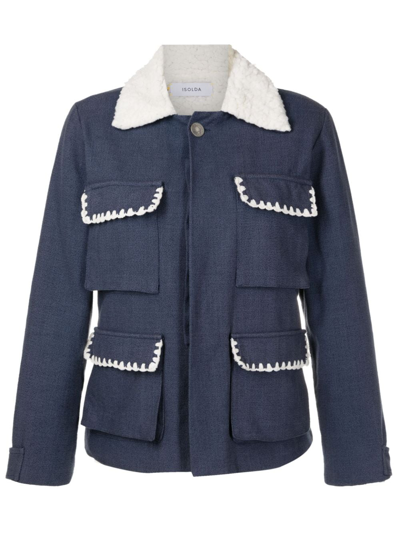 Isolda Shearling-collar Button-up Jacket In Blue