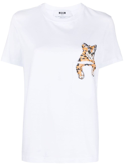 Msgm Cat-embellished Cotton T-shirt In White