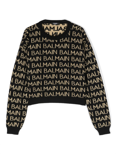 Balmain Kids' Intarsia-knit Logo Jumper In Black