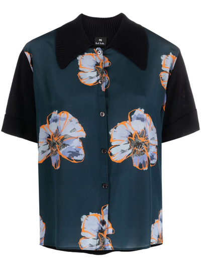 Ps By Paul Smith Floral-print Panelled Shirt In Blue