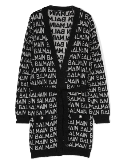 Balmain Kids' Intarsia-logo Belted Cardigan In Black
