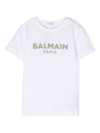 Balmain Babies' Logo印花棉t恤 In White