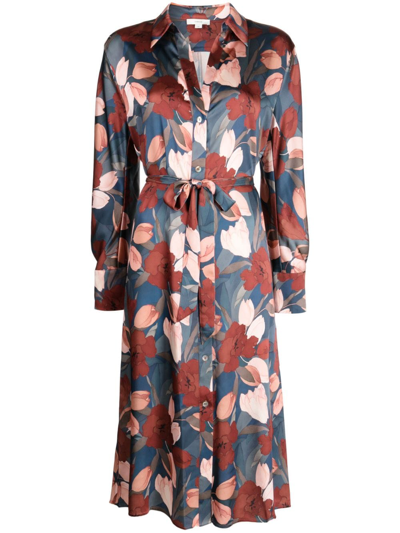 Vince Nouveau Floral-print Belted Charmeuse Midi Shirt Dress In Red