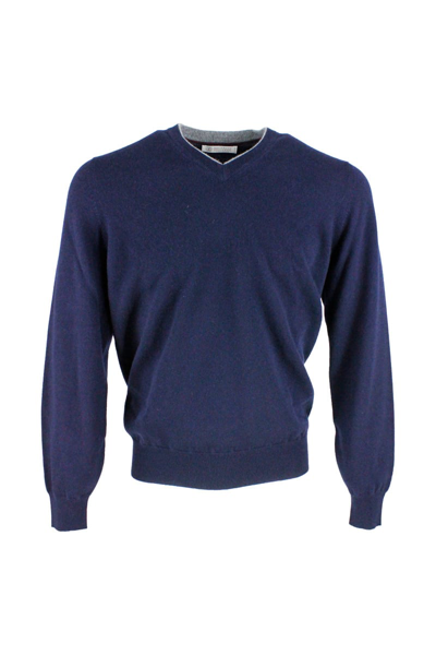 Brunello Cucinelli 100% Cashmere V-neck Sweater In Blu