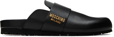 Moschino Logo标牌皮质拖鞋 In Black