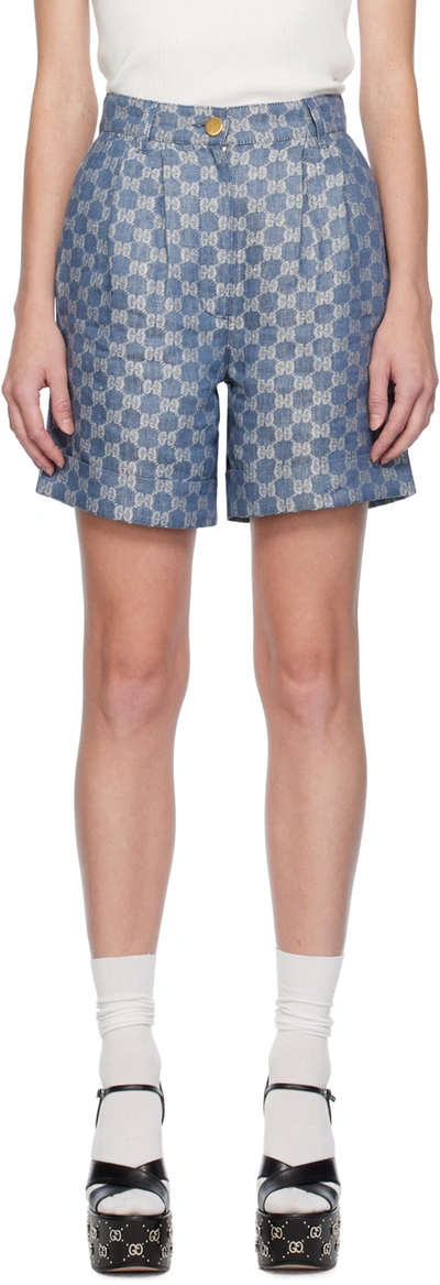 Gucci Gg-jacquard Linen-denim Bermuda Shorts In Blue