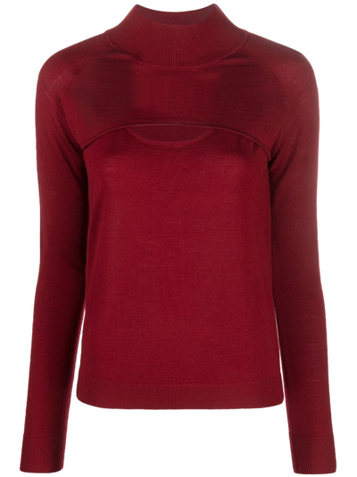 Patrizia Pepe Long-sleeved Cut-out Wool T-shirt In Red