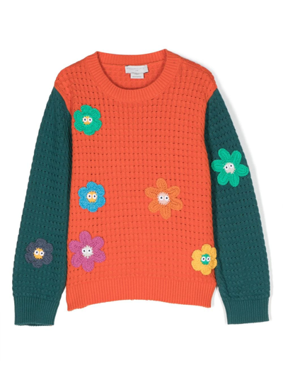 Stella Mccartney Kids' Flower-embroidered Colour-block Jumper In Orange