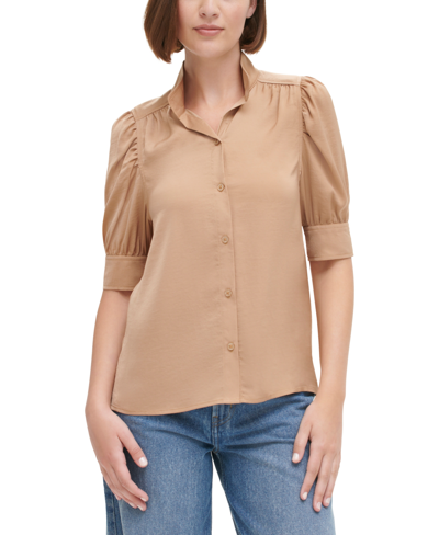 Calvin Klein Jeans Est.1978 Women's Charmeuse Puff-shoulder Elbow-sleeve Shirt In Teak