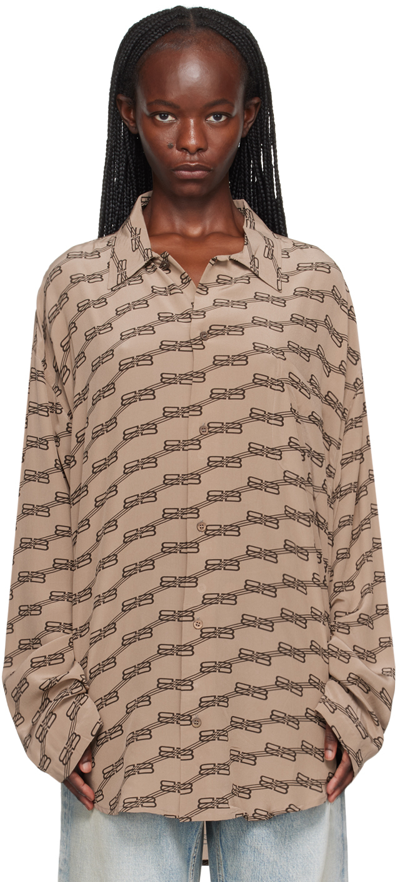 Balenciaga Minimal Logo-print Crinkled Silk Shirt In Brown