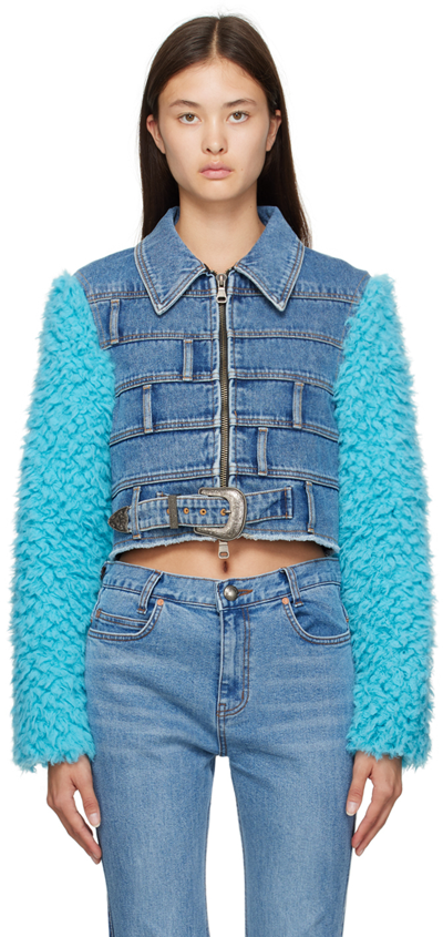 Andersson Bell 'dua' Light Blue Jacket With Faux-fur Sleeves And Multi-waist Effect In Cotton Denim Woman