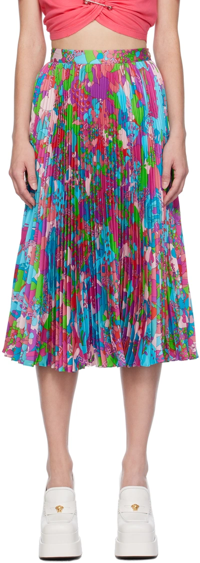 Versace Murakami Print Twill Pleated Midi Skirt In Light Blue,multicolor