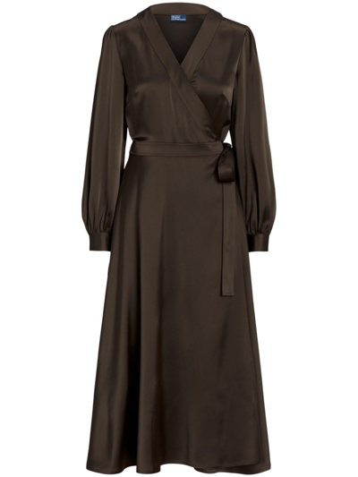 Polo Ralph Lauren Satin Midi Wrapdress In Dark Brown