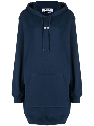 Msgm Logo-print Cotton Hooded Dress In Blue