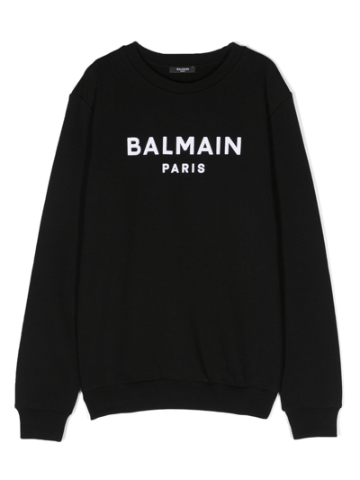 Balmain Kids' 植绒logo圆领卫衣 In Black