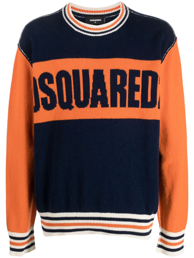 Dsquared2 College Logo-intarsia Wool Jumper In Orange,blue