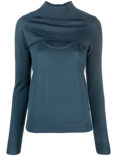 Patrizia Pepe Long-sleeved Cut-out Wool T-shirt In Blue