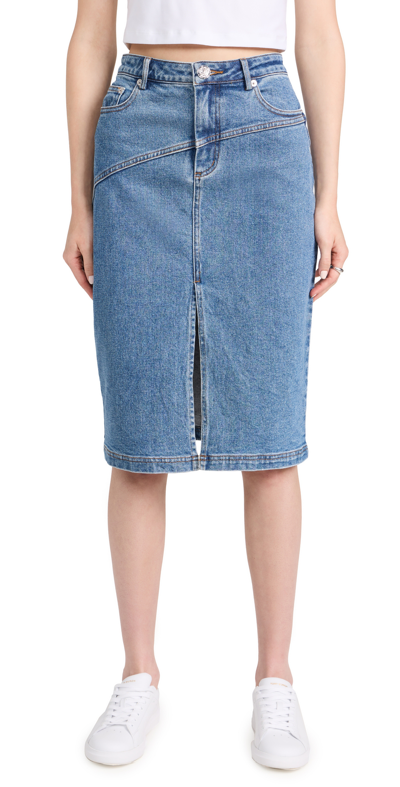 Staud Hudson Front-slit Denim Midi Skirt In Mid Denim
