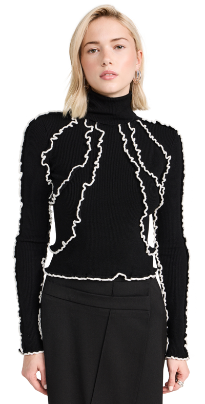 Sea Elin Ribbed Sweater With Ruffles In Black