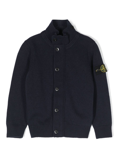 Stone Island Junior Kids' Compass-patch Knit Cardigan In Blue
