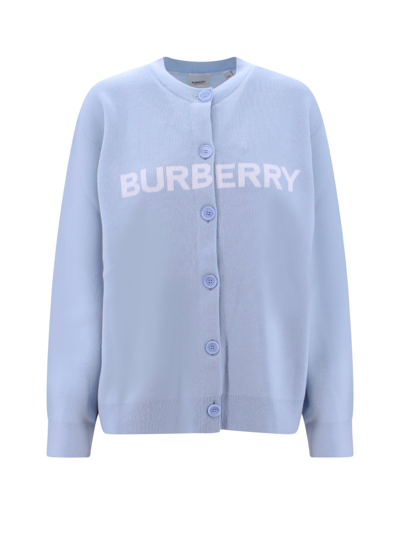 Burberry Logo Wool Cotton Jacquard Oversized Cardigan In Pale Blue