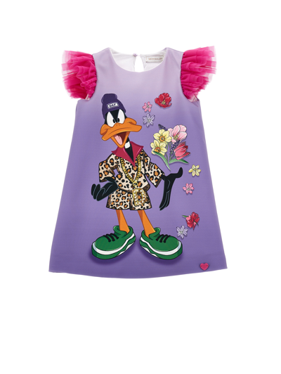 Monnalisa Daffy Duck Crepe Dress In Multicolor