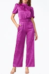 ADELYN RAE THEO OPEN-BACK SATEEN JACQUARD JUMPSUIT IN PURPLE