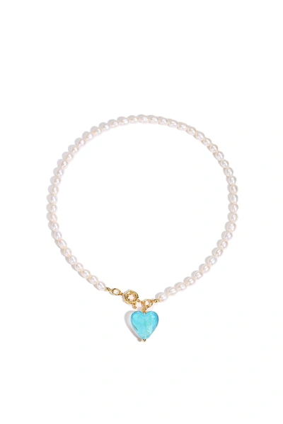 Classicharms Esmée Aquamarine Glaze Heart Pendant Pearl Necklace In Blue