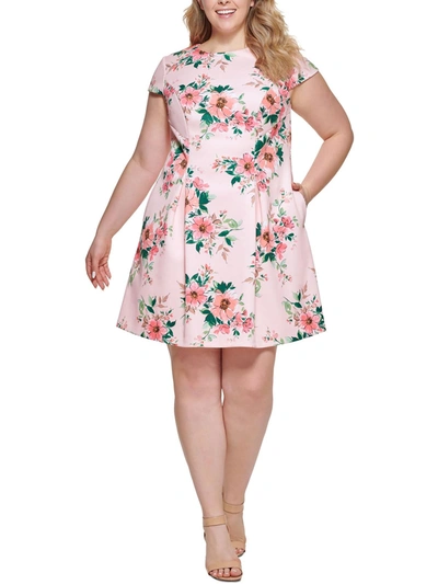 Jessica Howard Plus Womens Floral Print Pleated Mini Dress In Beige