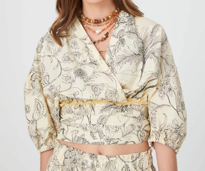 Sfizio Kimono Blouse In Botanical Line Print In Beige