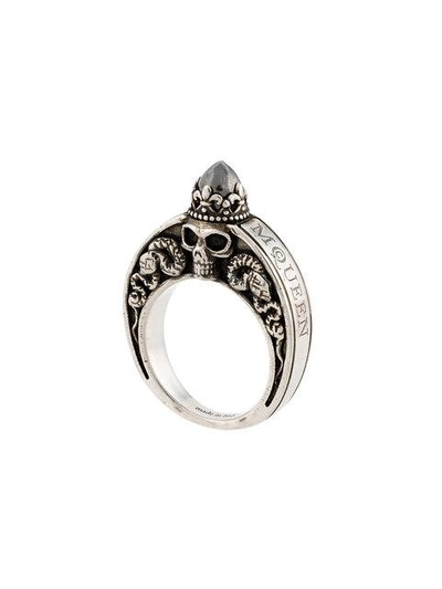 Alexander Mcqueen Metallic Silver Engraved Skull Ring