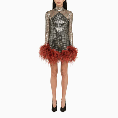 Taller Marmo Silver Feather-trim Sequin Mini Dress In Black