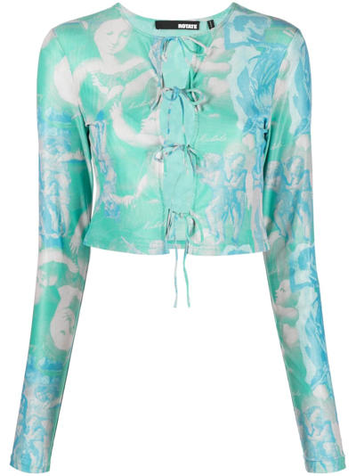 Rotate Birger Christensen Printed Mesh Crop Top In Green