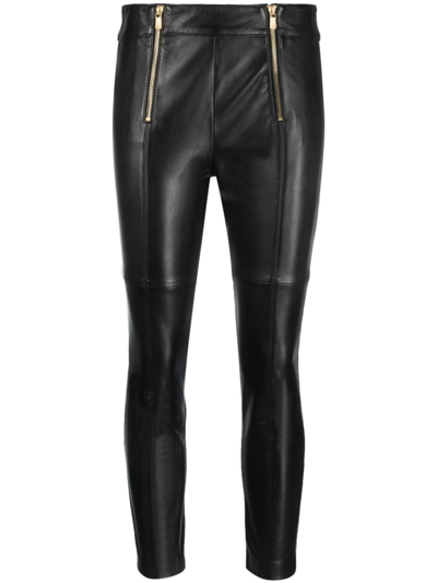 Pinko Zip-up Leather Cropped Trousers In Noir Limousine