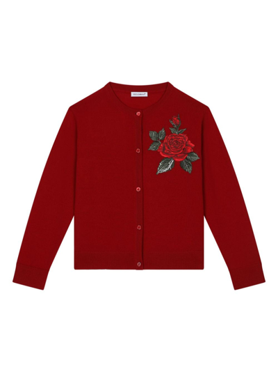 Dolce & Gabbana Kids' Rose Patch Crew Neck Cardigan In Red