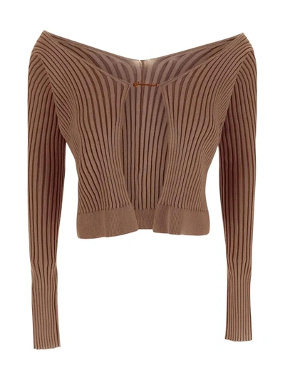 Jacquemus Ribbed-knit Open-front Cardigan In Brown