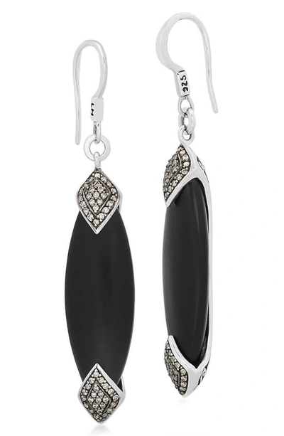 Lois Hill Rhodium Plated Sterling Silver Black Onyx & Brown Diamond Marquise Drop Earrings In Charcoal Black/ Silver