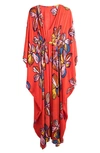 Saachi Tropical Kaftan Short Sleeve Dress In Red In Red