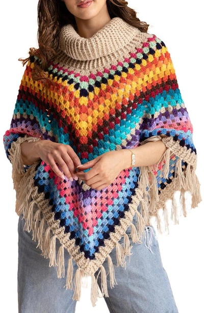 Saachi Earth To Sky Rainbow Stripe Crocheted Poncho In Beige