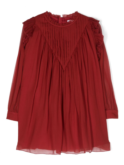 Chloé Kids' Pleated Shift Silk Dress In Rosso