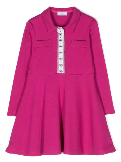 Chiara Ferragni Kids' Logo-trim Long-sleeve Dress In Fuchsia Red