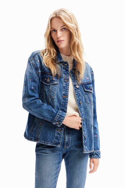 Desigual Floral Denim Trucker Jacket In Blue