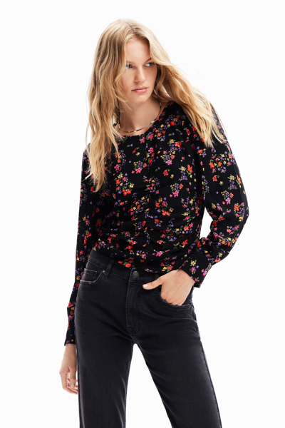 Desigual Floral Ruched Blouse In Black