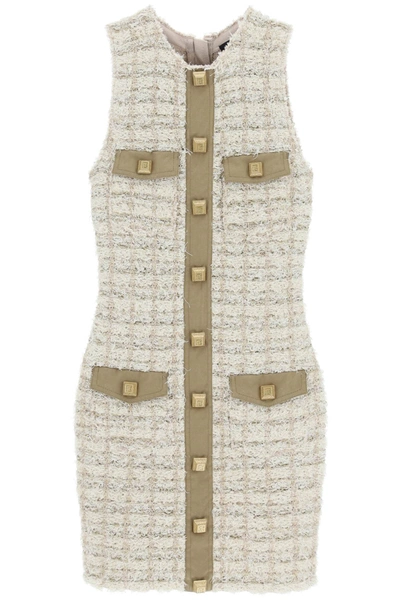 Balmain Textured Tweed Short Dress With Front Pockets In Neutral