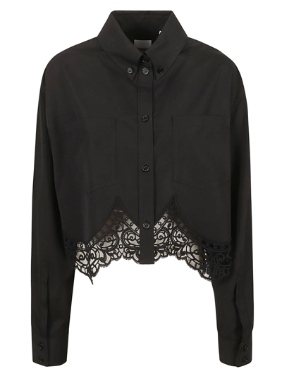 Burberry Cropped Button-front Blouse With Lace Trim In Black