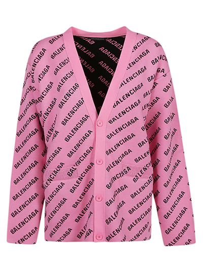 Balenciaga Allover Logo Knitted Cardigan In Pink