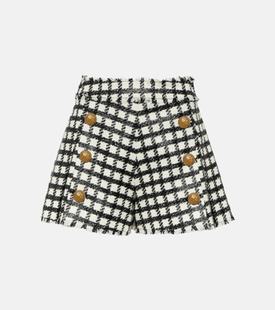 Balmain High-rise Checked Wool-blend Shorts In Grey