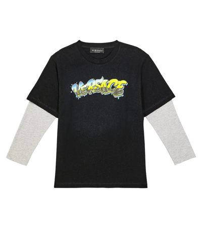 Versace Kids' Logo Print Cotton Jersey T-shirt In Black